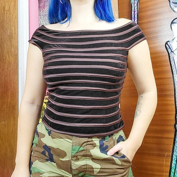 Vintage 90s Brown Velvet Striped Boatneck Top - Picture 2 of 7
